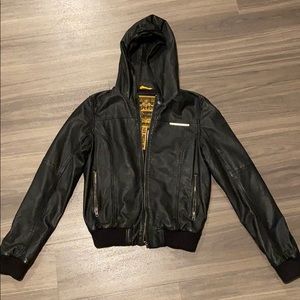 Super dry leather jacket bomber style with hood!